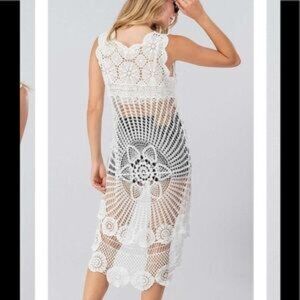 ADORA Ivory Crochet Tunic Cover-Up Caftan Beach Aloha S/M